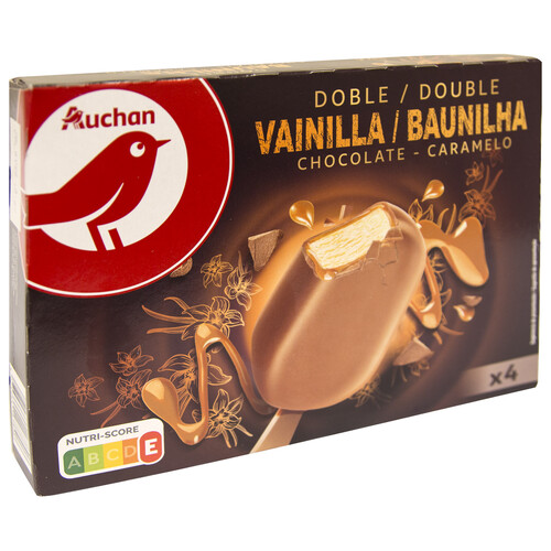 AUCHAN Bombon de helado de vainilla con salsa de caramelo, recubierto de chocolate con leche doble 4 x 100 ml. Producto Alcampo