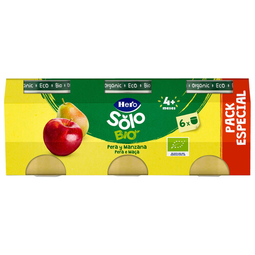 HERO Solo Bio Tarritos de fruta (pera y manzana) ecológica, a partir de 4 meses 6 x 120 g