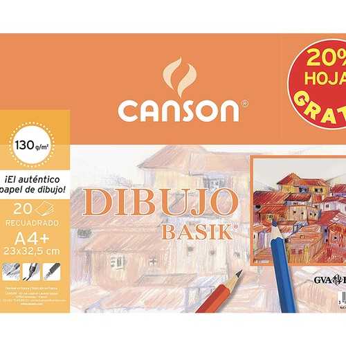 Bloc de dibujo basik recuadro tamaño A4+ de 20 hojas + 20% gratis, CANSON.