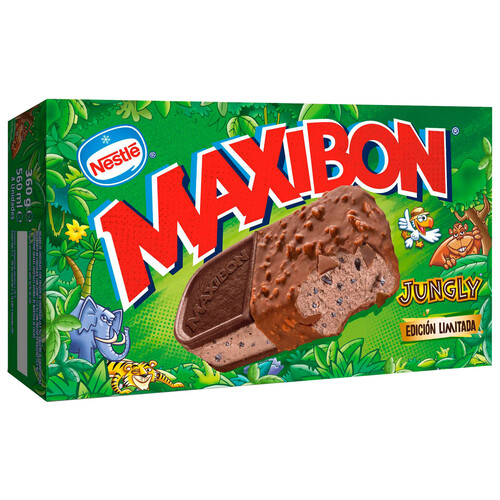 MAXIBON Sándwich de helado de chocolate con trozos de galletas de chocolate jungly de Nestlé 4 x 140 ml.