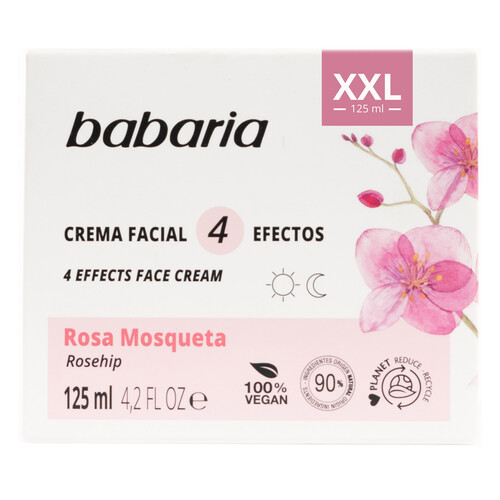 BABARIA Crema antiedad (día y noche) 4 efectos con Rosa Mosqueta, para cara, cuello y escote 125 ml.