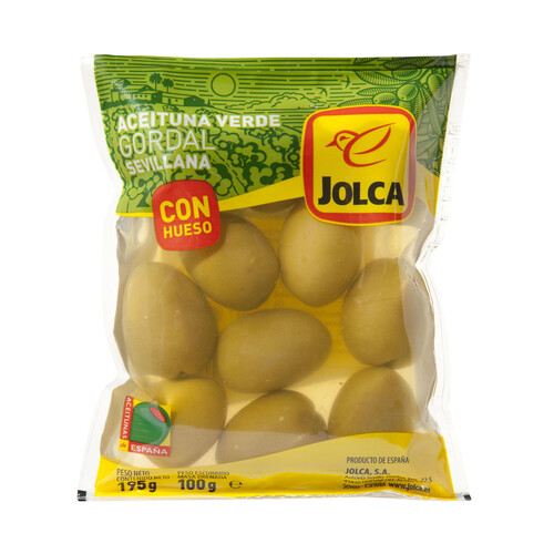 JOLCA Aceitunas verdes gordal sevillana selecta con hueso JOLCA bolsa de 100 g.