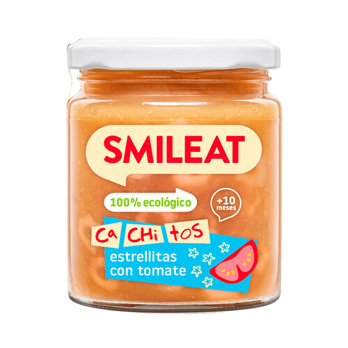 SMILEAT Cachitos Tarrito de pasta con forma de estrellitas con tomate, a partir de 10 meses 230 g.