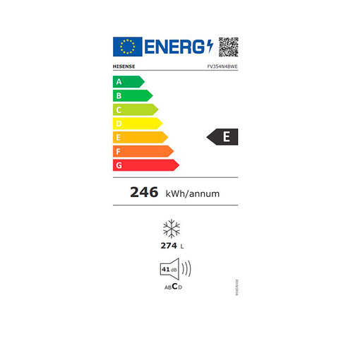 Congelador 1 puerta HISENSE FV354N4BWE, No Frost, clasificación energética: E, H: 185,5cm,A: 59,5cm, F: 65,1cm, capacidad total: 274L.