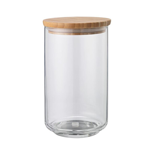 Bote de cocina de vidrio con tapa de madera, capacidad 1,2 litros, H: 27,5cm, A: 8,3cm, ACTUEL.