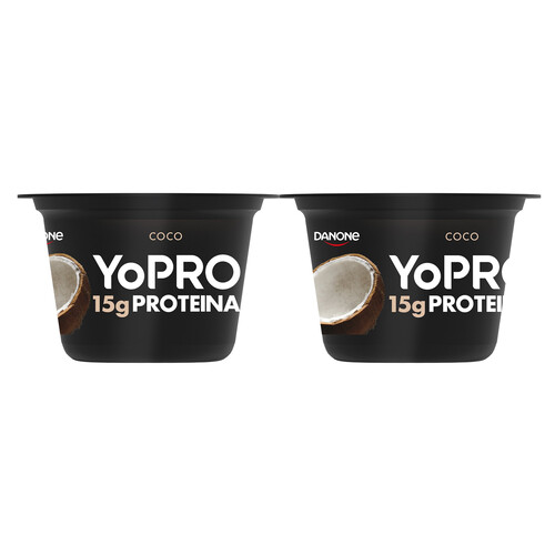 YOPRO Yogur con sabor a coco, proteínas y sin azúcares añadidos ni grasa de Danone 2 x 160 g.