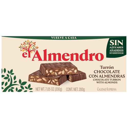 EL ALMENDRO Turrón de chocolate con almendras sin azúcares añadidos 200 g.