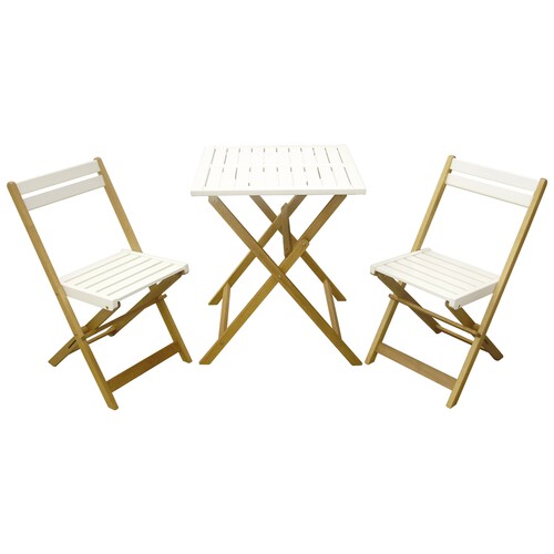 Set de mobiliario de balcón modelo Shorea, compuesto por 2 sillas plegables de 80x46x56 y 1 mesa plegable de 71x60x60 centímetros, lacados en blanco y fabricados en madera FSC 100% GARDEN STAR 1 unidad.