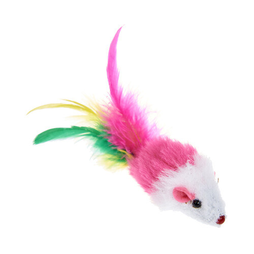 PRODUCTO ALCAMPO Juguete para gatos con forma de ratón de 7 cm con plumas de colores.