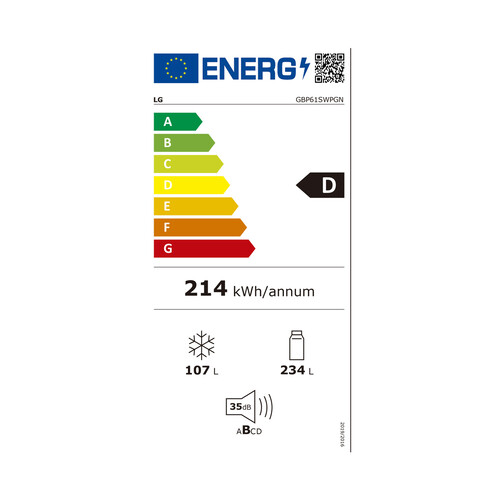 Frigorífico combi 186cm  LG GBP61SWPGN NO FROST, clasificación energética: D, H: 186cm, A: 59,5cm, F: 68,2cm, capacidad total: 341L.