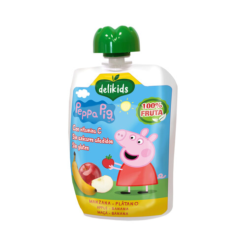 DELIKIDS Peppa pig Bolsita de fruta (plátano y manzana), a partir de 6 meses 90 g.