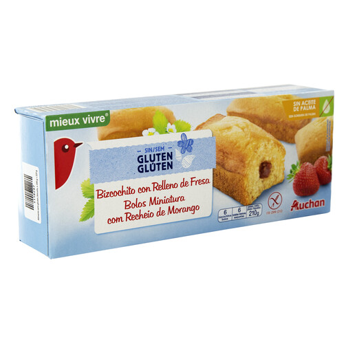 Bizcochito con relleno de fresa sin gluten PRODUCTO ALCAMPO, 210 g.