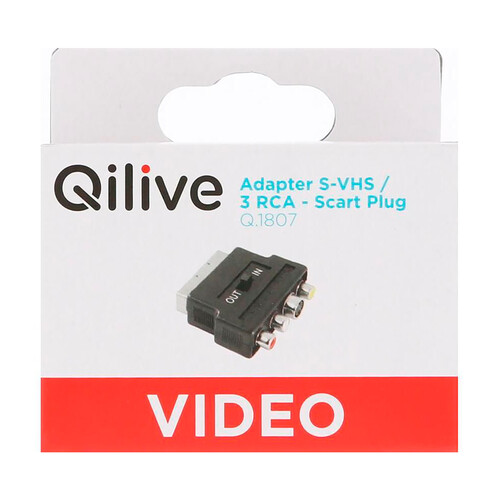 Adaptador video selector QILIVE de Euroconector macho a S-VHS y 3 RCA.