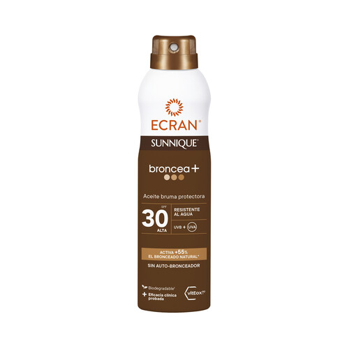 ECRAN Sunnique Broncea + Aceite bruma solar en spray con acción protectora y FPS 30 (alto) 250 ml.