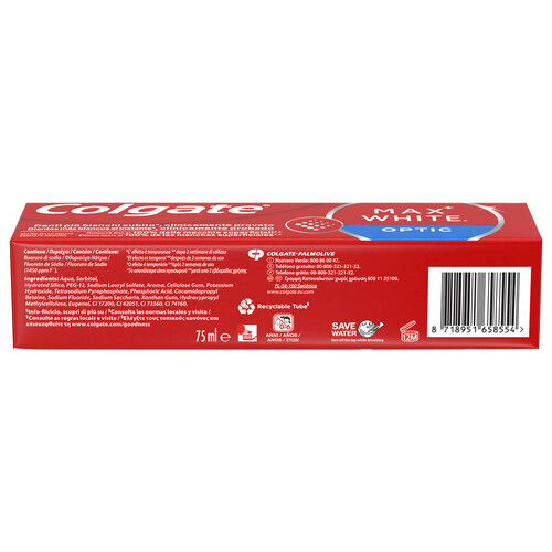 COLGATE Max white optic Pasta de dientes con flúor y acción blanqueante instantánea 75 ml.