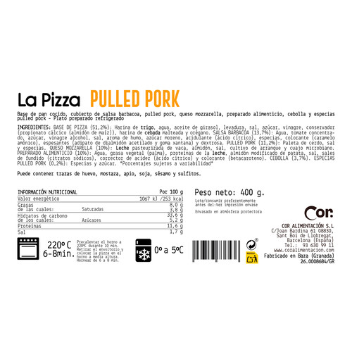 DEORO Pizza fresca de pulled pork 400 g.