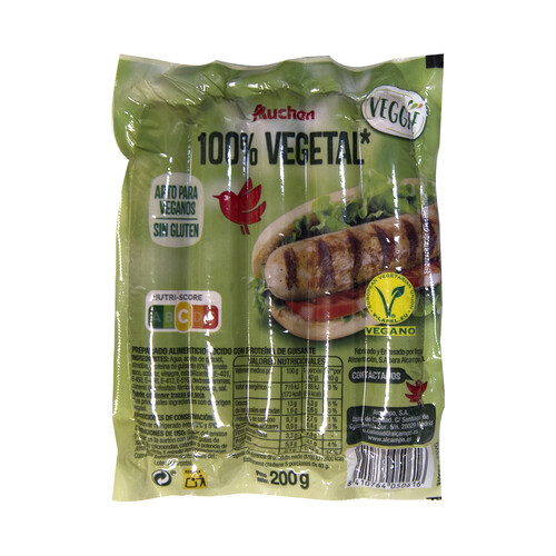 AUCHAN Veggie Salchichas cocidas 100% vegetales, a base de proteína de guisante 200 g. Producto Alcampo