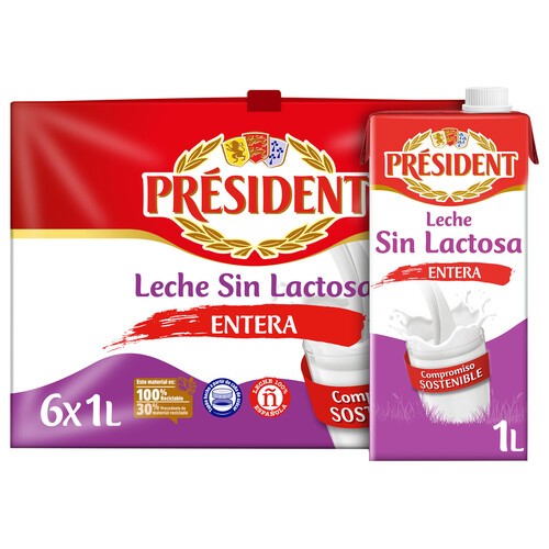 PRESIDENT Leche de vaca entera y sin lactosa de origen 100% española  6 x 1 l.