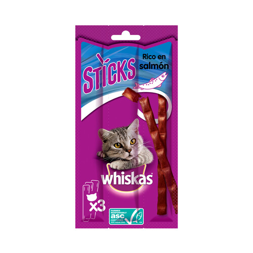 WHISKAS Snacks para gatos adultos a base de salmón en sticks WHISKAS 3 uds.18 g.