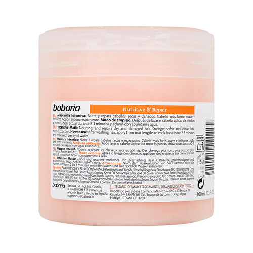 BABARIA Nutritive & repair Mascarilla capilar intensiva, para cabellos secos o dañados 400 ml.