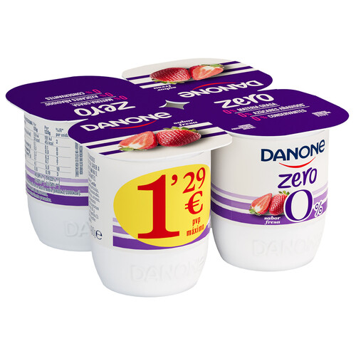 DANONE Zero 0% Yogur desnatado sin azúcares añadidos y sin conservantes, sabor a fresa 4 x 120 g.