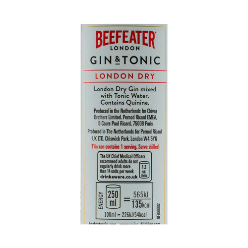 BEEFEATER Combinado de ginebra tipo London dry gin + tónica (gin & tonic) lata 25 cl.