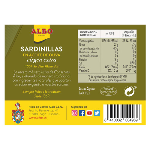 ALBO Sardinillas en aceite de oliva virgen extra 8/12 piezas 105 g.