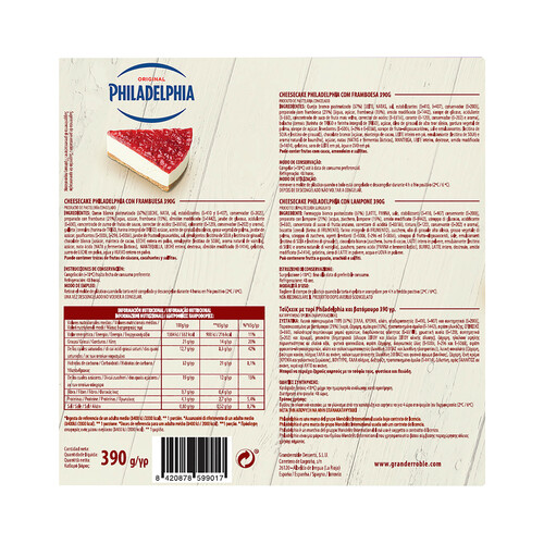 PHILADELPHIA Tarta congelada de queso Philadelphia, con galleta y cobertura de frambuesa PHILADELPHIA 390 g.
