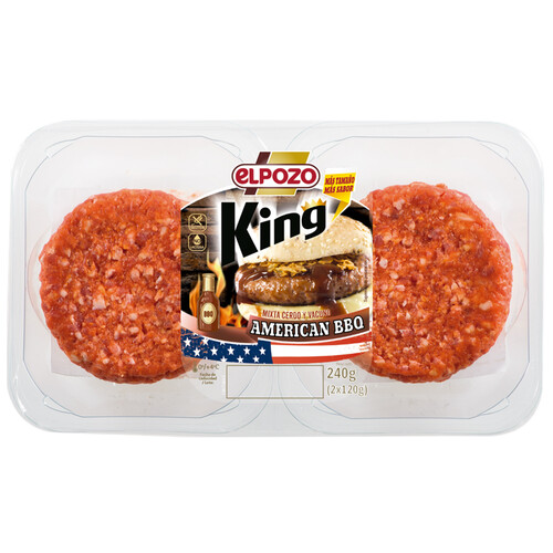 Bandeja con burger meat mixta (vacuno - cerdo) con un toque de american bbq EL POZO King 2 x 120 g.