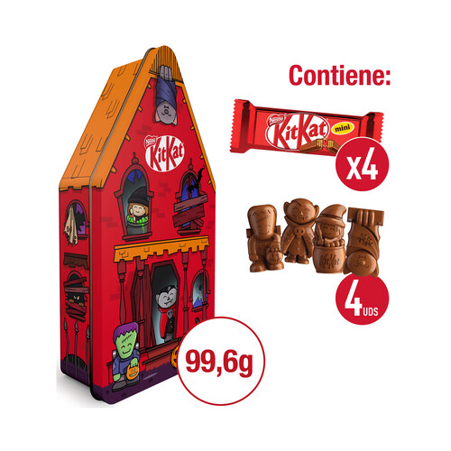 KIT KAT Lata con forma de casa con 4 figuritas uds. chocolate y 4 uds. barritas. 99,6 g.