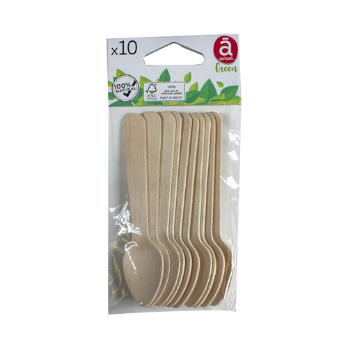 Cucharas desechables de madera, 100% natural, 10 unidades, Green ACTUEL.