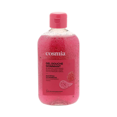 COSMIA Gel para ducha o baño exfoliante con semillas y perfume de frambuesa 250 ml.