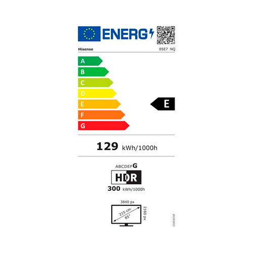 Televisión 215,9cm (85) QLED HISENSE 85E7NQ, 4K, Ultra HD, VIDAA, 2USB, HDR10, color negro.