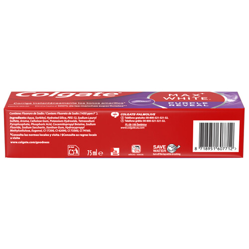 COLGATE Max white purple reveal Pasta de dientes de uso diario con acción blanqueante 75 ml.