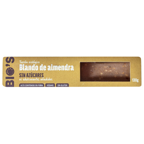 ARTIPA Bio´s Turrón ecoológico blando de almendra, sin azúcares ni edulcorantes añadidos 130 g.