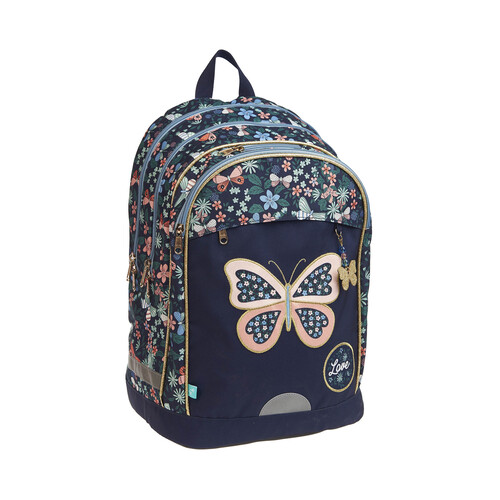 Mochila juvenil de 43cm, varios compartimentos, mariposas, ALCAMPO.