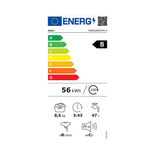 Lavadora HAIER THASN2856TM4-S capacidad de carga: 8,5KG, clasificación energética: B, 1200RPM, H: 86cm, A: 41cm, F: 60cm.