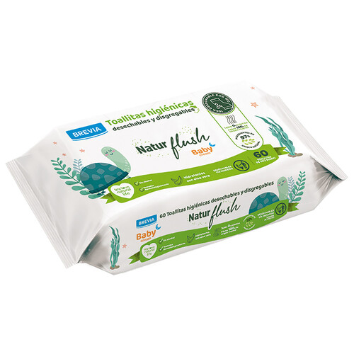 BREVIA Natur flush Toallitas humedas higiénicas, desechables y biodegradables para bebé 60 uds.