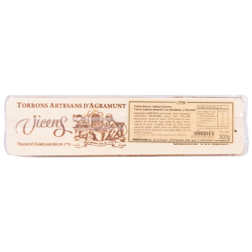 VICENS Turrón cremoso de almendra de macadamia con chocholate 300 g.