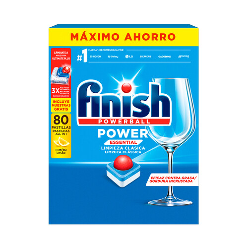 FINISH Power Detergente lavavajillas en pastillas todo en 1, aroma a limón 80 uds, 1280 g.