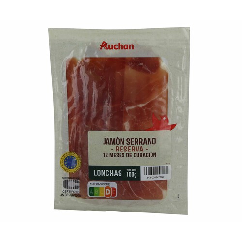 AUCHAN Jamón serrano reserva (curación mínima de 12 meses) cortado en lonchas 100 g. Producto Alcampo