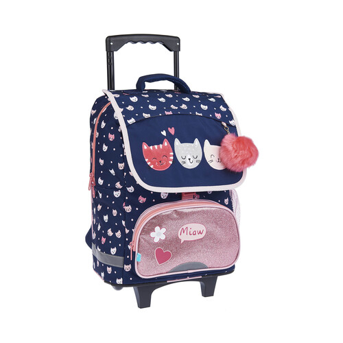 Mochila con ruedas trolley de 38cm, varios compartimentos, gatos, ALCAMPO.