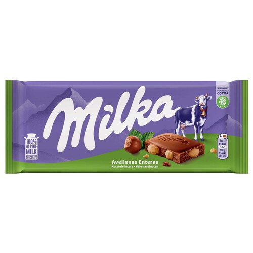 MILKA Chocolate con leche y avellanas enteras 100 g.