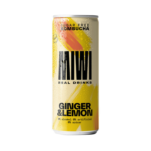 MIWI Kombucha 0% azúcar con sabor a jengibre y limón lata 250 ml.