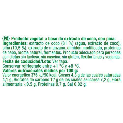 AUCHAN Yogur vegetal de coco con piña sin azúcar añadido 150 g.  Producto Alcampo.