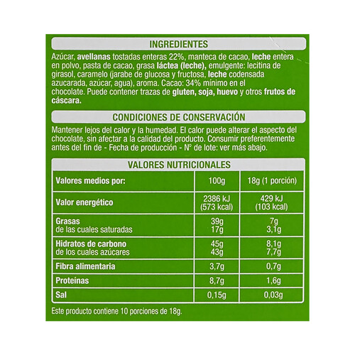 PRODUCTO ALCAMPO Chocolate con leche con avellanas enteras tableta 180 g.