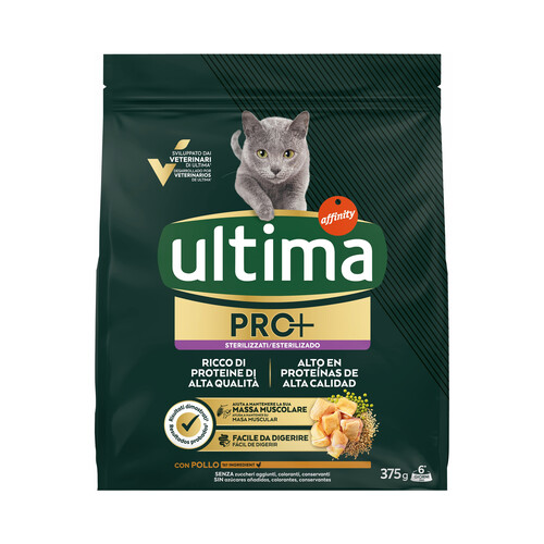 ULTIMA Pro + Alimentación para gatos esterilizado, con pollo, alto en proteínas y sin azúcares añadidos, 375 g.