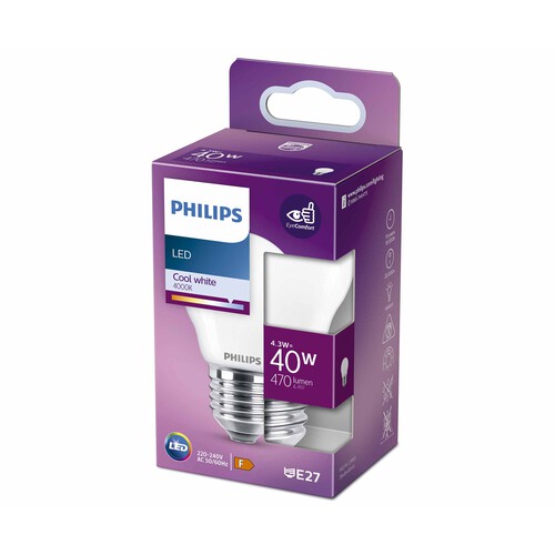 Bombilla Led E27, 4,3W=40W, luz neutra 4000K, 470lm, PHILIPS.