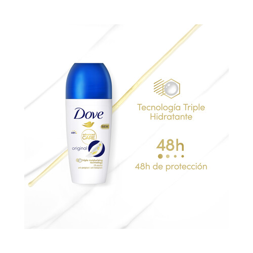 DOVE Advanced care original Desodorante roll on para mujer con protección antitranspirante hasta 48 horas 50 ml.