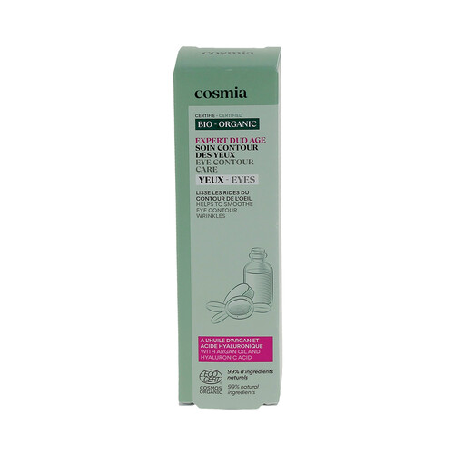 COSMIA Bio expert duo age Contorno de ojos antiarrugas, con aceite de argán y ácido Hialurónico 15 ml.